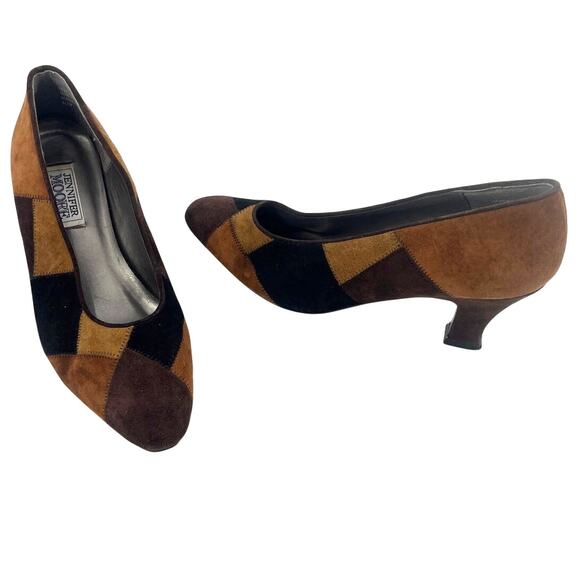 Vintage 90s Jennifer Moore Patchwork Suede Pumps Women Shoes 8.5N Brown Heritage - Picture 1 of 9